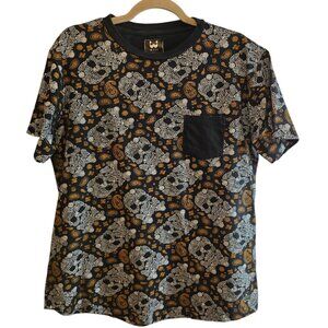 WXYZ MFG SIZE LARGE COTTON SAVAGE TEE WITH SKULL PATTERN BLACK GOLD